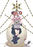  bird brown_eyes brown_hair chick chicken cuboon egg hair_ornament heart kneehighs original railroad_crossing rooster solo 