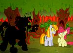  apple_bloom_(mlp) applebloom_(mlp) being_watched cub cutie_mark equine female feral friendship_is_magic ghost group hasbro horse living_trees mammal my_little_pony nightmare_fuel pony ruby_(mlp) scared spirit stalking story_of_the_blanks tree undead unknown_artist watched wood young zombie 