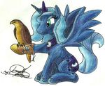  avian bird cool_colors cutie_mark duo equine falcon falconry female feral friendship_is_magic glove hasbro horn horse mammal my_little_pony pegacorn plain_background princess_luna_(mlp) unknown_artist white_background winged_unicorn wings 