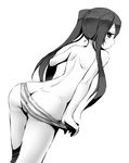  ass back bad_id bad_pixiv_id dutch_angle from_behind greyscale long_hair looking_back monochrome original panties simple_background solo striped striped_panties topless twintails underwear undressing zenn 