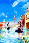  1girl bag black_hair brown_hair closed_eyes cloud day fish glowing highres original rain skirt sky torii tower twintails yubari 