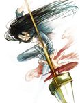  aotsuki_ushio aqua_eyes black_hair long_hair male male_focus polearm simple_background spear ushio_to_tora weapon 