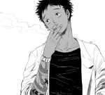  bad_id bad_pixiv_id black_hair chain cigarette cross dark_skin dark_skinned_male dorohedoro funpjinju kasukabe_(dorohedoro) labcoat male_focus monochrome simple_background smoking solo tattoo 