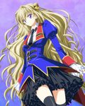  blonde_hair code_geass code_geass:_boukoku_no_akito curly_hair double_bun frills gathers hair_ornament leila_(code_geass) long_hair necktie purple_eyes skirt solo thighhighs touya_(roukaku) 