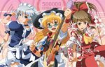  apron arm_up ascot blonde_hair blue_dress blue_eyes bow braid brown_hair card detached_sleeves dress glasses gohei guitar hair_bow hair_tubes hakurei_reimu hat holding holding_card instrument izayoi_sakuya kirisame_marisa knife macross macross_7 maid midriff mini-hakkero multiple_girls open_mouth ponytail red_eyes shirt silver_hair skirt skirt_set smile spell_card taishi_(moriverine) touhou witch_hat wristband yellow_eyes 