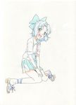  bad_id bad_pixiv_id blue_eyes blue_hair blush bow casual cirno contemporary hair_bow open_mouth short_hair sitting sketch skirt smile solo touhou ume_(plumblossom) 