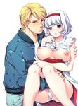  1girl bare_shoulders blonde_hair blue_eyes blue_jacket blush bob_cut bomber_jacket breasts cameltoe carrying cis_(tiger_&amp;_bunny) couple denim dress hairband hetero jacket jeans keith_goodman labia large_breasts nipples ookami_ryousuke panties pants princess_carry short_hair tiger_&amp;_bunny underwear white_hair white_panties 