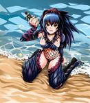  amagai_yukino arm_support beach blue_hair blush bottle breasts fishnets large_breasts long_hair monster_hunter nargacuga_(armor) navel open_mouth outdoors sitting solo wariza water yellow_eyes 