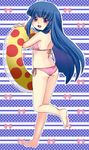  ass barefoot bikini blackpanda blue_hair flat_ass furude_rika higurashi_no_naku_koro_ni innertube long_hair looking_back purple_eyes side-tie_bikini solo swimsuit 