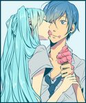  1girl aqua_hair bad_id bad_pixiv_id blue_eyes blue_hair closed_eyes couple earrings food food_on_face hatsune_miku hetero ice_cream ice_cream_cone ice_cream_on_face jewelry kaito licking long_hair melting necktie one_eye_closed tayu_(canary-san) twintails vocaloid 