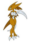  abstract_background anthro blue_eyes breasts brown brown_body claws female gb_of_bs grey_nipples kabutops looking_at_viewer nintendo nipples plain_background pok&#233;mon pok&#233;morph pok&eacute;mon scythe simple_background solo tail thighs video_games white_background wide_hips 
