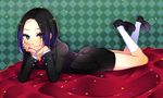  androgynous black_hair confetti formal fujitsuna kujou_subaru lying on_stomach sakura_taisen sakura_taisen_v short_hair shorts solo suit 