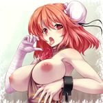  armpits bandages bare_shoulders between_breasts blush breast_lift breasts bun_cover chain clothes_between_breasts cuffs double_bun fellatio_gesture flower highres ibaraki_kasen large_breasts naked_tabard nipples open_mouth oral_simulation pink_eyes pink_flower pink_hair pink_rose red_hair rose sexually_suggestive shackles short_hair solo symbol-shaped_pupils tabard tongue tongue_out touhou tro upper_body 