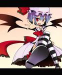  ascot bad_id bad_pixiv_id bat_wings blue_hair bow dress fang hat hat_ribbon highres katsudansou letterboxed lights open_mouth outstretched_hand pink_dress red_eyes remilia_scarlet ribbon short_hair smile solo striped striped_legwear thighhighs touhou wings zettai_ryouiki 