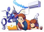  bigur bladeless_fan brown_eyes brown_hair bug computer digimon digimon_adventure dyson electric_fan glass izumi_koushirou kabuterimon laptop male_focus monster multiple_boys orange_shirt shirt time_paradox 