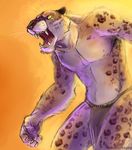  chromatic_background feline fierceness leopard loincloth male mammal muscles open_mouth solo topless 