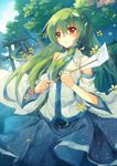  :&lt; detached_sleeves flower frog gohei green_hair hair_ornament kochiya_sanae long_hair snake solo torii touhou tree wide_sleeves wind yayin_(yayin233) 