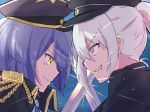  2girls blue_background blue_hair grin hat highres higuchi_kaede katana looking_at_another military military_hat military_uniform mole mole_under_eye multiple_girls nijisanji ponytail purple_eyes shizuka_rin short_hair silver_hair smile sword sword_clash sword_fight tsumayouji_(tumayog) uniform weapon yellow_eyes 