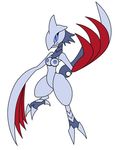  abstract_background anthro avian blue_eyes breasts female gb_of_bs grey grey_body grey_nipples grey_sclera grin looking_at_viewer metal nintendo nipples plain_background pok&#233;mon pok&#233;morph pok&eacute;mon simple_background skarmory solo tail talons thighs video_games white_background wings 