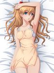  armpits bed blue_eyes bra breasts brown_hair covered_nipples highres lingerie long_hair lying neon_genesis_evangelion open_mouth small_breasts solo souryuu_asuka_langley tadano_akira underwear 