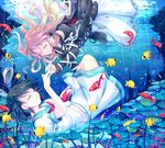  black_hair blonde_hair caustics cetera closed_eyes dress fish gradient_hair hat hat_removed headwear_removed highres hijiri_byakuren long_hair midriff multicolored_hair multiple_girls murasa_minamitsu navel purple_hair sailor sailor_hat short_hair touhou two-tone_hair underwater 