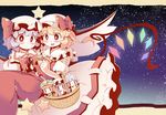  :&lt; ascot basket bat_wings beret blonde_hair blue_hair blush blush_stickers brooch carrying chibi clover flandre_scarlet four-leaf_clover hat highres hong_meiling izayoi_sakuya jewelry maid multiple_girls night open_mouth patchouli_knowledge princess_carry purple_hair red_eyes red_hair remilia_scarlet shirt siblings sisters skirt sky smile star star_(sky) takahero touhou wings |_| 