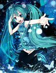  alternate_costume aqua_eyes aqua_hair bad_id bad_pixiv_id bare_shoulders black_legwear blush bug butterfly flower hair_flower hair_ornament hatsune_miku highres insect leaf long_hair open_mouth petals skindentation skirt solo sparkle thighhighs twintails very_long_hair vocaloid wait zettai_ryouiki 