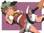  animal_ears between_legs bloomers brown_eyes brown_hair cat_ears cat_tail chen child earrings hat holding_another's_tail jewelry lying multiple_tails on_back onikobe_rin orange_eyes skirt slit_pupils solo_focus tail tail_between_legs tail_grab touhou underwear 