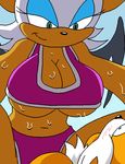  big_breasts blush breasts canine cleavage clothed clothing dboy female fox green_eyes male mammal miles_prower rouge_the_bat sega sonic_(series) sweat swimsuit tail warm_colors wings 
