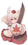  animal_ears bad_id bad_pixiv_id brown_eyes cream_(nipakupa) detached_sleeves hat huge_weapon inubashiri_momiji leaf long_sleeves maple_leaf shield short_hair silver_hair simple_background solo sword tail tokin_hat touhou weapon white_background wolf_ears wolf_tail 