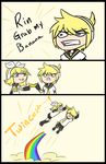  1girl anderpants banana brother_and_sister flying food fruit kagamine_len kagamine_rin meme rainbow siblings twins vocaloid windowboxed 