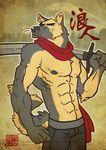  abs anthro biceps black_nipples canine clothing dog fur german_shepherd gingertom84 male mammal muscles nipples pants pecs pose scarf solo standing sword topless warm_colors weapon 