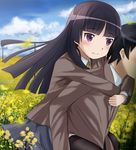  1girl black_legwear blush carrying edogawakid flower gokou_ruri kousaka_kyousuke long_hair ore_no_imouto_ga_konna_ni_kawaii_wake_ga_nai piggyback purple_eyes skirt thighhighs 