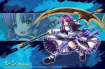  dress eiyuu_densetsu fighting_stance frills hair_ribbon hidechuu kneehighs mary_janes open_mouth purple_hair renne ribbon sailor_collar scythe shoes short_hair solo white_legwear yellow_eyes zoom_layer 