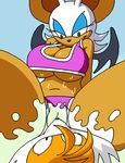  bat big_breasts blush breasts canine cleavage clothed clothing dboy duo female fox green_eyes male mammal miles_prower rouge_the_bat sega sonic_(series) swimsuit tail warm_colors wings 