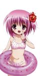  absurdres bikini blush flower hair_flower hair_ornament hibiscus highres innertube minato_tomoka navel open_mouth pink_hair purple_eyes rou-kyuu-bu! short_hair side_ponytail solo swimsuit transparent_background yanagi_shinsuke 