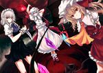  arms_behind_back arms_up asagi_(kabocha_oukoku) ascot bad_id bad_pixiv_id bat bat_wings black_dress blonde_hair blue_hair blue_neckwear bobby_socks braid brooch dress dutch_angle eyebrows_visible_through_hair feet_out_of_frame flandre_scarlet frilled_shirt_collar frills full_body hair_between_eyes hat hat_ribbon highres holding holding_knife holding_spear holding_weapon izayoi_sakuya jewelry knife laevatein looking_at_viewer maid maid_headdress mary_janes mob_cap moon multiple_girls petticoat polearm puffy_short_sleeves puffy_sleeves red_eyes red_footwear red_moon red_ribbon red_skirt red_sky red_vest remilia_scarlet ribbon shoes short_dress short_hair short_sleeves siblings side_ponytail silver_hair sisters skirt sky smile socks spear spear_the_gungnir standing touhou twin_braids vest weapon white_dress white_hat white_legwear wing_collar wings wrist_cuffs yellow_neckwear 