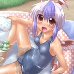  bare_shoulders bird blue_hair breasts covered_nipples duck fan head_wings horns multicolored_hair one-piece_swimsuit open_mouth paper_fan school_swimsuit single_head_wing sitting small_breasts solo spread_legs swimsuit tan tokiko_(touhou) touhou two-tone_hair uchiwa wading_pool water white_hair wings yoshi_tama 