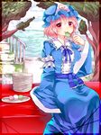  bad_id bad_pixiv_id breasts cloud dango day dish eating food ghost japanese_clothes ladder medium_breasts meronpanna_(mikoniito) pink_hair red_eyes saigyouji_yuyuko sanshoku_dango short_hair sitting skewer sky smile solo touhou tree triangular_headpiece wagashi 