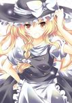  apron blonde_hair bow braid hair_bow hand_on_headwear hand_on_hip hat hat_bow kirisame_marisa long_hair open_mouth solo touhou umino_mizu white_bow witch_hat yellow_eyes 
