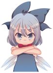  :3 bad_id bad_pixiv_id blue_eyes blue_hair bow child cirno cream_(nipakupa) crossed_arms hair_bow ice ice_wings large_bow looking_at_viewer short_hair simple_background solo touhou upper_body white_background wings 