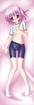  bike_shorts blush breasts cameltoe dakimakura full_body gym_uniform lying minato_tomoka narurun_(final123) purple_eyes purple_hair rou-kyuu-bu! shirt_lift short_hair shorts side_ponytail small_breasts solo 