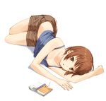  :o barefoot book brown_eyes brown_hair camisole looking_at_viewer lying on_side original short_hair shorts simple_background solo yamamoto_shima 