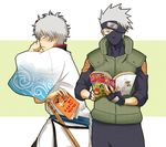  2boys 3outchange 3outchange_(artist) book company_connection crossover forehead_protector gintama hatake_kakashi japanese_clothes kimono long_hair male male_focus multiple_boys naruto reading sakata_gintoki short_hair shounen_jump silver_hair weapon white_hair 