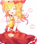  ^_^ ascot bad_id bad_pixiv_id blonde_hair closed_eyes fang flandre_scarlet hat heart open_mouth short_hair side_ponytail smile solo taru_(sougoubunnka) touhou wrist_cuffs 