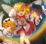  :o arm_up black_hair blonde_hair blue_eyes bow chaba_(hortensia) dress drill_hair duplicate hair_bow hat long_hair looking_at_viewer luna_child lying multiple_girls on_stomach open_mouth rainbow red_eyes sitting smile star_sapphire sunny_milk touhou twintails yellow_eyes 