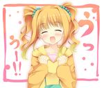 :d ^_^ bangs blonde_hair blush border clenched_hands closed_eyes flat_chest gradient gradient_hair hair_bobbles hair_ornament happy hood hoodie idolmaster idolmaster_(classic) kusano_(torisukerabasu) multicolored_hair open_mouth short_hair smile solo takatsuki_yayoi translated twintails upper_body wavy_hair 
