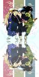  alcohol black_hair cherry_blossoms conanhk cup highres japanese_clothes katana kimono long_hair male_focus multiple_boys nura_rihan nura_rihyon nura_rikuo nurarihyon_no_mago one_eye_closed petals reflection sakazuki sake samurai sarashi sword weapon white_hair 
