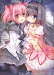  akemi_homura akemi_homura_(cosplay) black_hair cosplay costume_switch hairband highres kaname_madoka kaname_madoka_(cosplay) long_hair magical_girl mahou_shoujo_madoka_magica megawatt multiple_girls pantyhose pink_hair short_hair short_twintails twintails 