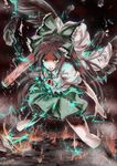  arm_cannon bad_id bad_pixiv_id black_hair black_wings bow cape feathers fire glowing ground_shatter hair_bow highres jin'yoku-gyo long_hair open_mouth red_eyes reiuji_utsuho shirt skirt solo sparks third_eye touhou weapon wings 